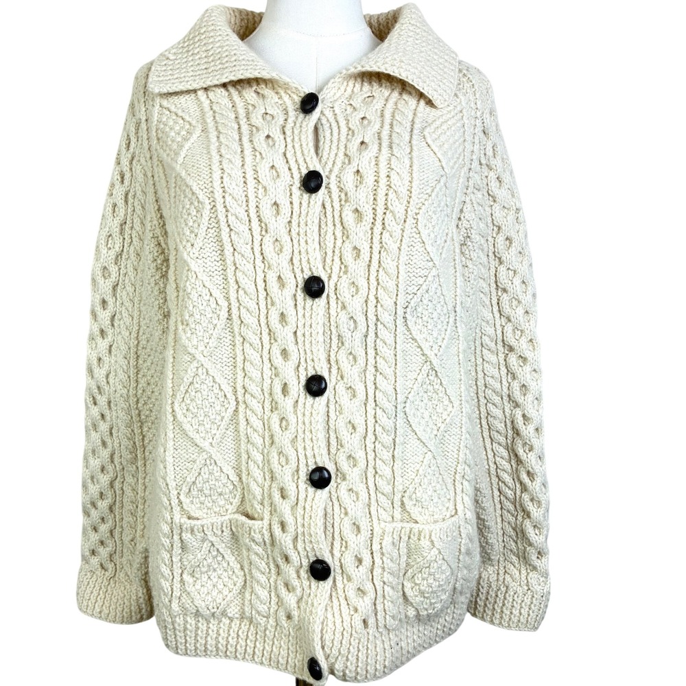 Vtg Blarney Handknit Cardigan Mens  XL %100 Wool Ireland Thick Cable Knit Cream